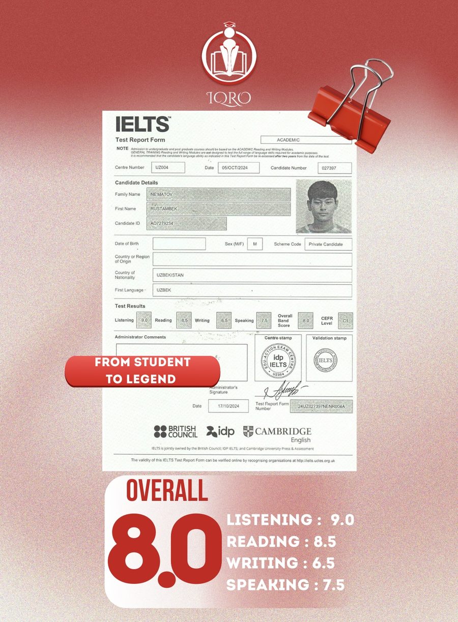 IELTS sertifikati 8.0 — Ne'matov Rustambek