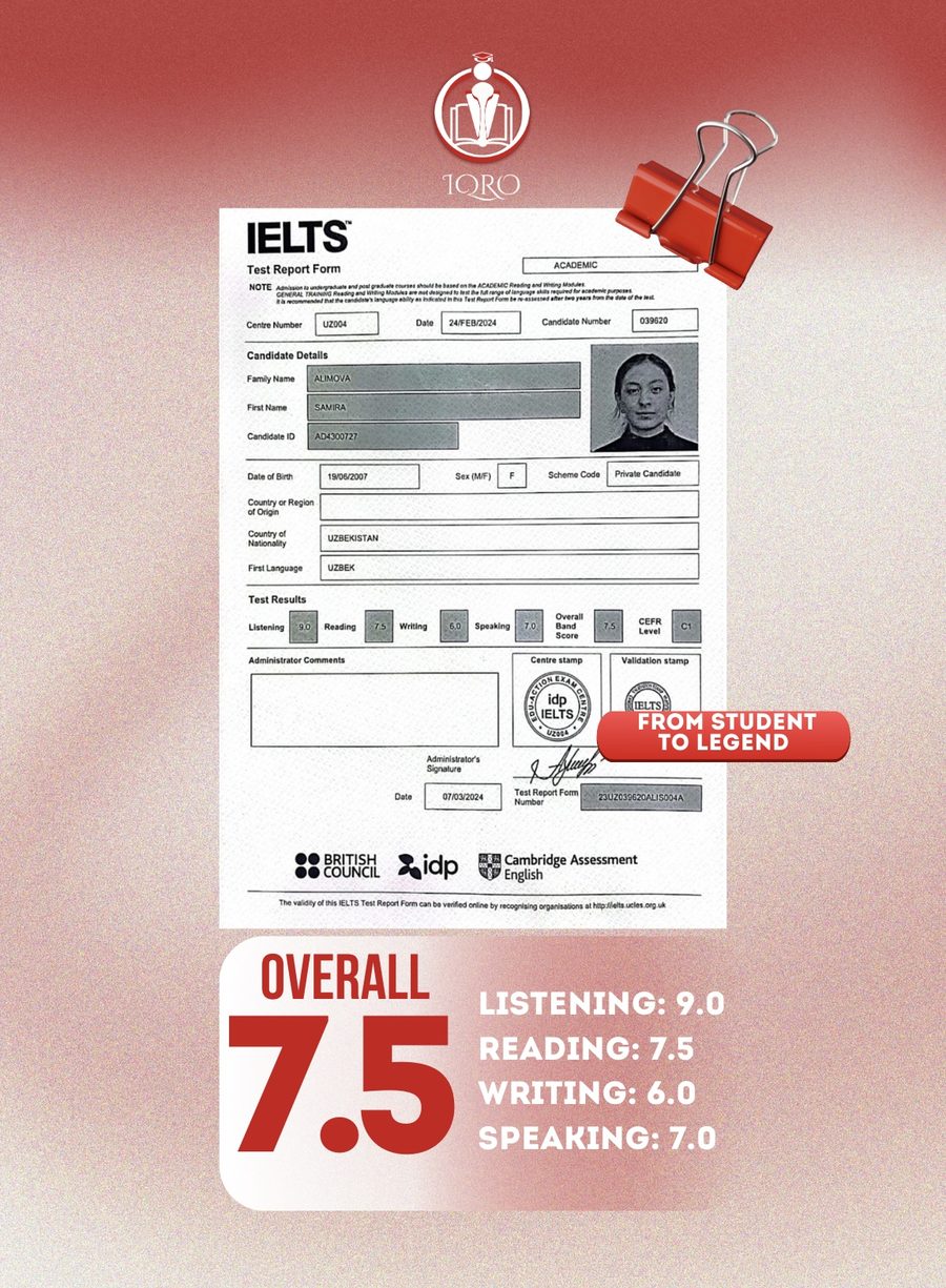 IELTS sertifikati 7.5 — Alimova Samira
