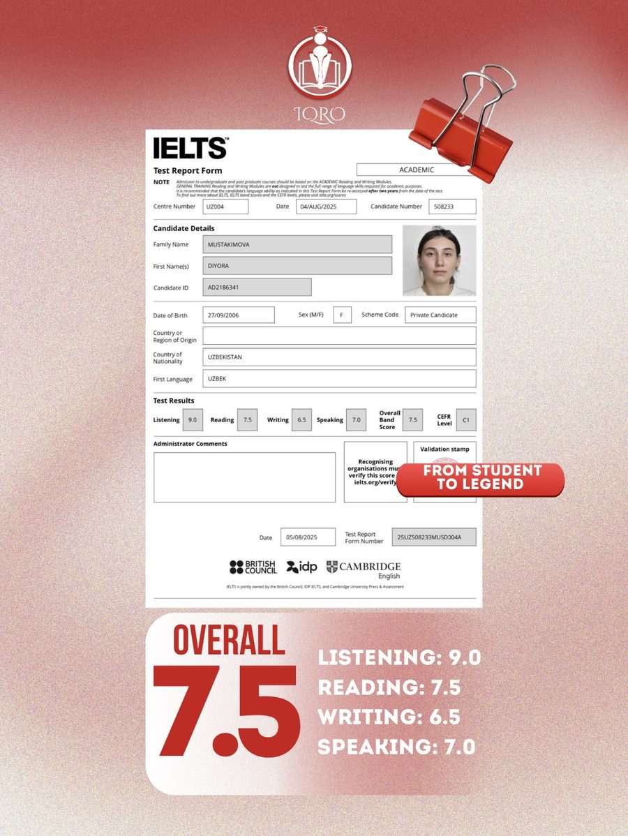 IELTS sertifikati 7.5 — Mustakimova Diyora