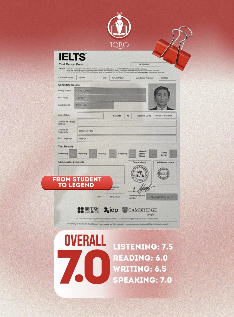 IELTS sertifikati 7.0 — Xidirnazarov Ozodbek
